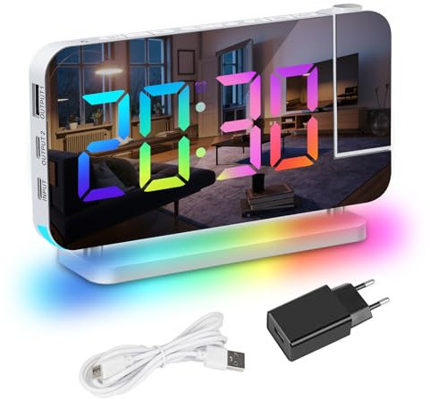 Exmate Sveglia per Proiezione, Sveglia Digitale LED con proiettore girevole a 180°,luce notturna RGB, 2 porta USB C, 6 Luminosità Regolabile Snooze 12/24H Sveglia per Casa (Bianco con Adattatore)
