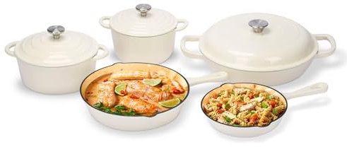 Batterie de cuisine en fonte émaillée, 8 pièces de cocotte, poêle, poêle, 3 couvercles, ensemble de faitout antiadhésif, compatible gaz/induction, sans PFA, livré avec organiseur, blanc crème