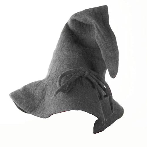 Leonardo Carbone® Unisex Mittelalter Zaubererhut Merlin - Zauberer Kostüm, Mittelalter Kleidung Kopfbedeckung, Halloween Kostüm Damen, Zauberer Hut Herren, LARP, Karneval, Cosplay - 100% Wolle Grau