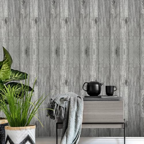 Shackcom Papier Peint Adhesif avec Aspect Bois chêne 44.5x1000cm Panneaux en Bois Auto-Adhésif Mural Film de PVC Imperméable Vinyle Film pour Salle de Chambre Salon Meuble (Gris et Noir)