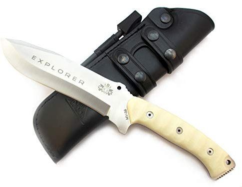 EXPLORER Full Tang Coltello da Sopravvivenza Bushcraft Caccia Pesca Campeggio e attività all'aperto. Coltello Lama Fissa 16 cm con Fodero in Pelle e Firesteel, Handmade in Spain