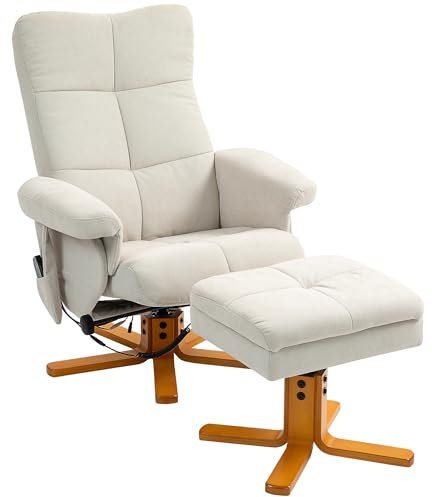HOMCOM Massagesessel mit Hocker, 360° drehbarer Elektrischer Relaxsessel mit Liegefunktion und Stauraum, TV-Sessel Fernsehsessel mit Seitentasche Fernbedienung für Wohnzimmer, Polyester, Cremeweiß