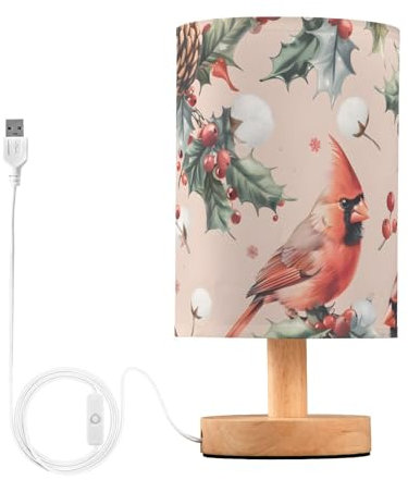 Mnsruu Lampe de chevet Cardinalbird flocon de neige baies rose branche de pin lampe de chevet lampe LED lampe de bureau abat-jour en tissu petite lampe pour chambre à coucher salon (ampoule incluse)