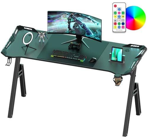 Bureau Gaming Led 140x60, Bureau Gamer Informatique Ergonomique avec Lumière RGB, Table Gaming Plateau en Fibre de Carbonen, Table Gamer avec Porte-Gobelet et Crochet pour Casque, Forme de A Stable