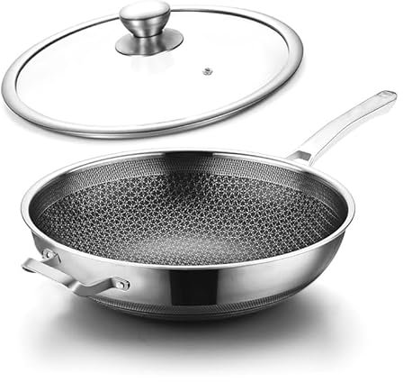 Toutrop Wok Pan,Hybrid Nonstick 12 Inch Wok with Lid,Induction Non Stick Stainless Steel Large Deep Woks&Stir-Fry Pans,Frying Pan,Stay-Cool Handle Skillets,PFOA Free,12 Inch Wok