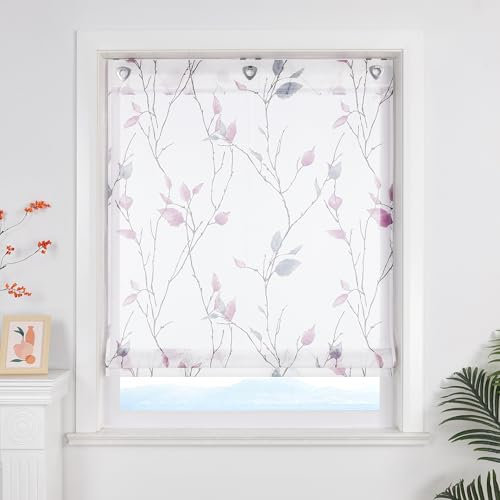 ESLIR Raffrollo ohne Bohren Landhaus Gardinen Küche Transparent Raffgardinen mit Ösen Weiß Wohnzimmer Bändchenrollo mit Blattdesign Violett BxH 140x140 cm 1 Stück