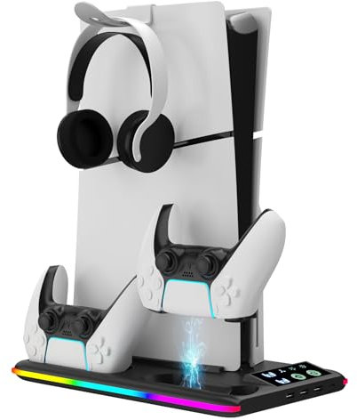 Aceshop PS5 Stand With Cooling Fan, Vertical Stand for PS5 Slim (Disc & Digital Edition) Cooling Station With Dual Controller Chargers, RGB Light, 3 USB HUBs, Headset Holder (Black)