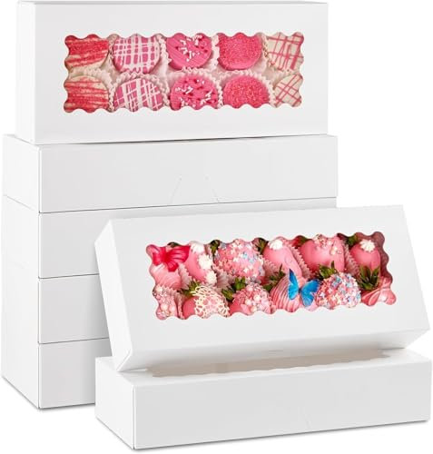 KAHEIGN 24Pcs Cookie Boxes with Window, 32CM x 14CM x 6.5CM Large White Bakery Boxes Auto-Popup Treat Boxes for Donuts Chocolate Covered Strawberries Pastries Muffins Cake Pops