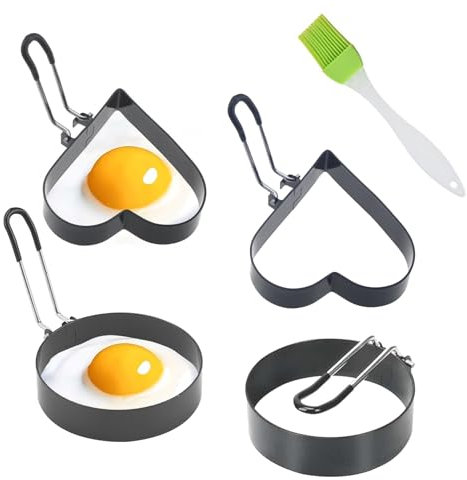 Huamirra Spiegeleiformen Edelstahl, 4 Stück Egg Ring, Antihaft Pancake Form, mit Klappgriffen und Ölpinsel, Spiegeleiform Ei Ring zum Kochen von Spiegelei, Pfannkuchen, Omeletts und Mehr