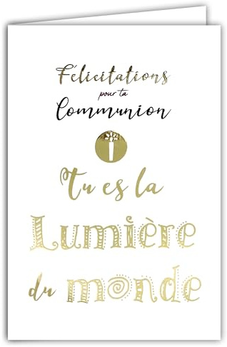 68-6008 - Biglietto di auguri per la tua comunione per ragazzo, ragazza, sei la luce del mondo dorata lucida, con busta bianca, formato 12 x 17,5 cm, piccola grande comunione solenne, prodotto in