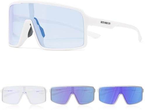 RTUOHUIN Fahrradbrille Selbsttönend für Herren Damen Photochromatische Sport Sonnenbrille UV400 Schutz Klar Rennrad Brille TR90 Rahmen Schnelle Radfahren für Radsport,Laufen,Outdoor-Sport - weiß-Blau