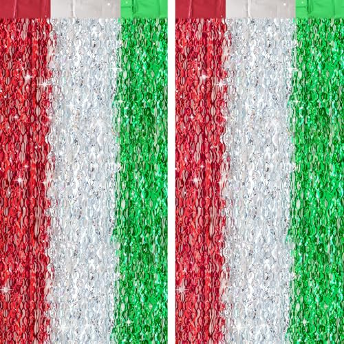 G2PLUS 2PCS Wavy Christmas Tinsel Curtains, 1m x 2m Foil Curtain | Red, Green and Silver Foil Fringe Curtain, Party Backdrop Streamers for Christmas, Holidays and Photo Booths