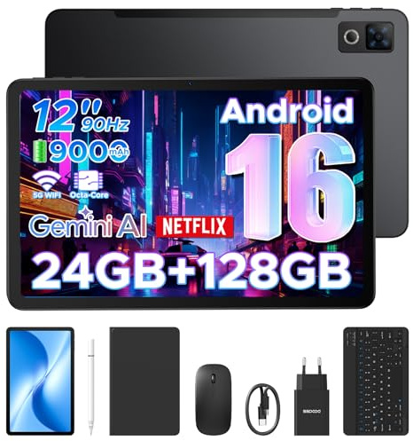 DOOGEE U12 Android 16 Tablet mit Tastatur, Gemini AI, 9000mAh, UNISOC T7255 Octa Core Tablet 12 Zoll, 24GB RAM+128GB ROM (2TB), 13MP+8MP,7,8mm Ultradünn, Tablets PC mit Maus, Stift, Hülle, Schutzfolie