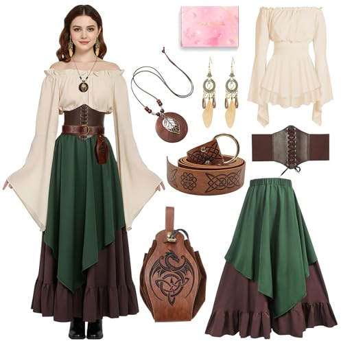 Mittelalter Kleidung Damen Set, Renaissance Kostüm und Retro Off Shoulder Bluse mit Corsett, Gürteltasche, Halskette, Ohrringe, Victorian Bekleidung Maxi Dressm für Halloween Karneval