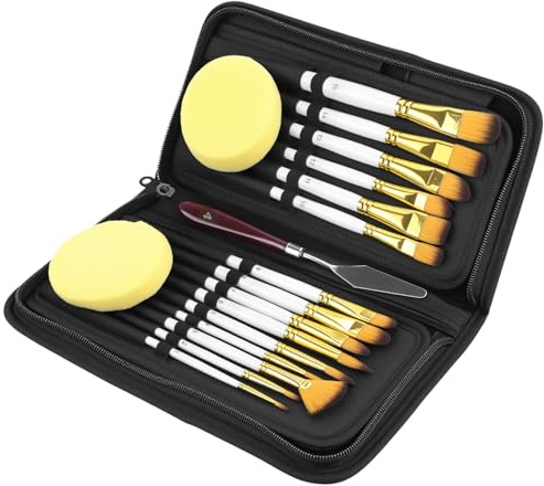 QWORK® 15 Piezas Pinceles, Pintura acrílica con Bolsa de Transporte, para Pintura acrílica, al óleo, Acuarela y Gouache
