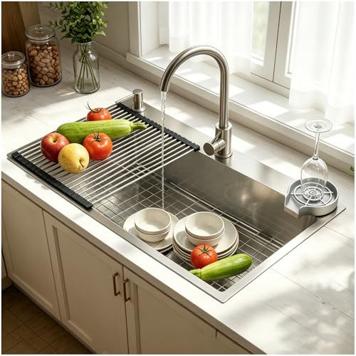 OMGMTSTORE Évier de cuisine, 80 x 50 cm, en acier inoxydable, grand, avec distributeur de savon et siphon, évier de cuisine, taille XL, plan de travail rectangulaire, avec 3 trous de robinet, évier