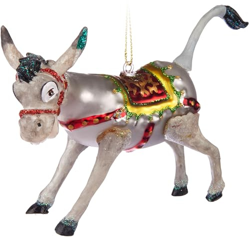 BRUBAKER Lustiger Esel - Weihnachtskugel aus Glas - Handbemalt und Mundgeblasen - Tier mit Festtags Geschirr - Christbaumschmuck Figuren - Christbaumkugel Weihnachtsdeko Anhänger - Deko Baumkugel