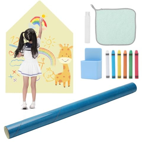 Magnettafel Kinder, 100 x 80 cm Magnetwand in Hausform, Selbstklebende Magnetwand für Kinder, Magnettapete Kinderzimmer Magnettafel Wand, mit Kreidehaltern, Reinigungstuch, Stiftetui (Gelb)