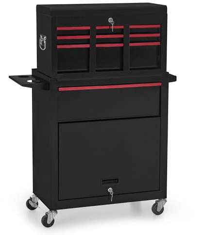 BarberPub 2 in 1 Friseurwagen mit 5 Schubladen & Schrank, Bedienungswagen mit 2 Föhnhalter, Friseur Arbeitswagen abschließbar, Beauty Salon Trolley Metall, Rollwagen Stapelboy, 0097 (Rot)