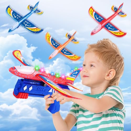 TEGOVE Flugzeug Spielzeug,Styropor Flugzeuge für Kinder mit Katapult & LED – 3 Flugzeug-Spielzeug Set,Wurfgleiter Outdoor Kinderspielzeug ab 3+ Jahre Geschenk für Junge,Mädchen