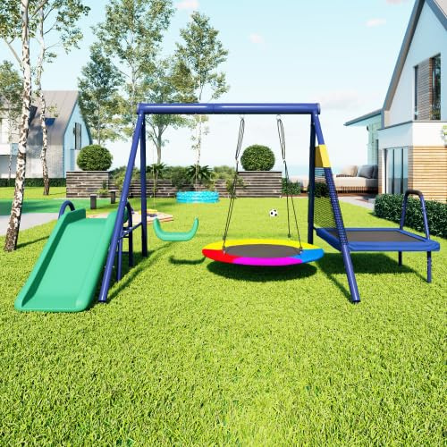 Spielturm Outdoor mit Rutsche & Nestschaukel, Multifunktionales Klettergerüst mit Trampolin für Kinder ab 3 Jahre, Garten Spielplatz mit Verstellbarer Kunststoffschaukel