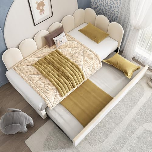 FAVSH Ausziehbett, Tagesbett Ausziehbar Polsterbett Daybett 90x200cm, Große Lagerung Schubladen, Kinderbett mit Lattenrost, Samt, Geeignet für Teenager und Kinder（ohne Matratze ）(Beige)