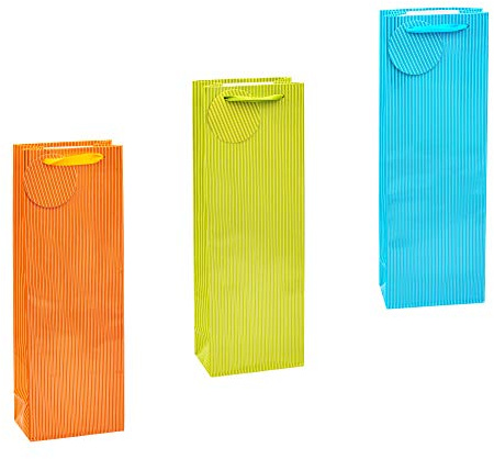 TSI 85286 Lot de 12 sacs cadeau pour bouteille grande, 3 motifs coloris à rayures,format 36 x 12 x 8 cm