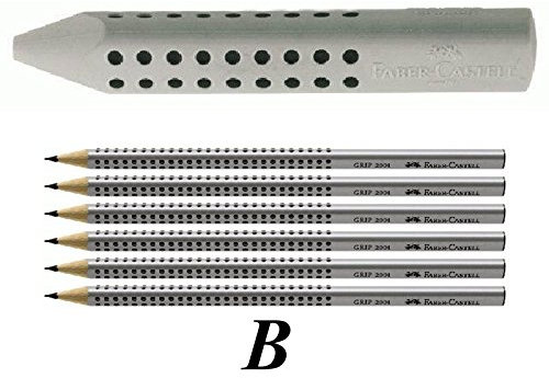 Faber-Castell 187100 - Dreieckradierer Grip 2001, grau + 6 Bleistifte B