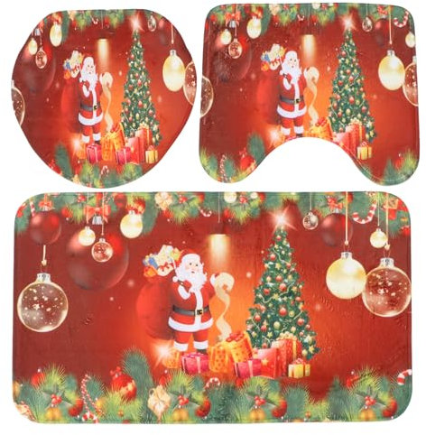 OUNONA 3 teiliges Set Badematten Set Weihnachtsmann und Baum Toilettenteppich Anti Rutsch Teppich Badezimmer Toilettensitzmatte Badeteppich für Toilette