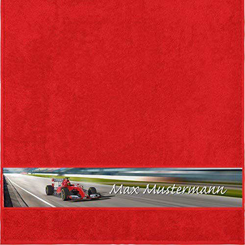 Manutextur Duschtuch mit Namen - personalisiert - Motiv Sport - Rennauto - viele Farben & Motive - Dusch-Handtuch - rot - Größe 70x140 cm - persönliches Geschenk mit Wunsch-Motiv und Wunsch-Name