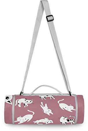 BEUSS Weiße Katze Kitty Lila Picknickdecke wasserdicht Kreative Runde Picknick-Matte Kampierende Strand Yoga Decken Matten im Freien Faltbar Leicht Matte Decke mit Tragegriff (148cm x 148cm)