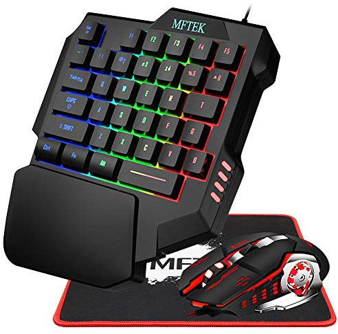 MFTEK One Hand Gaming Keyboard and Mouse Combo, RGB Rainbow Backlit One-Handed Mechanical Feeling Keyboard with Wrist Rest Support, USB Wired Keyboard Mouse and Mouse Pad Set for PC PS4 Gamer