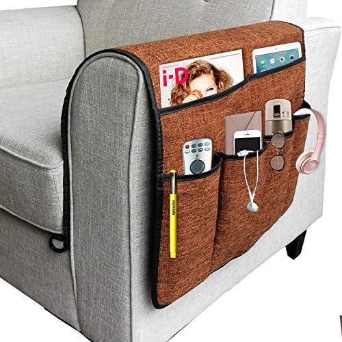 Anti-Slip Couch Sofa Armrest Organiser Chair Bedside Storage Pocket TV Remote Holder Bed Storage Pocket Bag for Cellphone Notepad Book Magazines Holder Pouch (#B3-Brown (cotton + linen fabric))