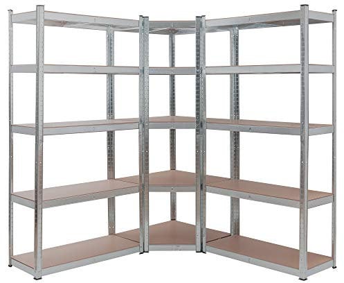 Arebos 3er Set Regalsystem Metall Lagerregal 1x Eckregal & 2X Lagerregale 15 Böden | Eckregal Kombination | bis zu 2625 kg Tragkraft | Stecksystem | Mittelquerstrebe für mehr Stabilität | Silber