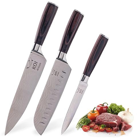 KOI ARTISAN Professional Knife Set - Stainless Steel Kitchen Knives with Ergonomic Pakka Wood Handle - Japanese Chef Knives Presented in Gift/Box