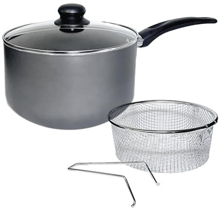Homatz 4.2L / 22 cm Non-Stick Chip Pan with Basket and Lid | Aluminum Saucepan with Deep Wire Strainer Basket for Frying Fries, Chips, Wedges | Induction Base Compatible with Heat-Resistant Handles
