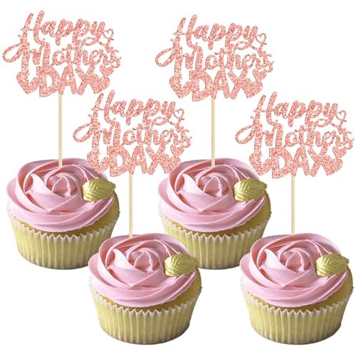 Gyufise 24Pcs Happy Mother's Day Cupcake Toppers Rose Gold Glitter Love Mother Best Mom Theme Cupcake Picks Happy Mother's Day Theme Party Cake Decorations Supplies