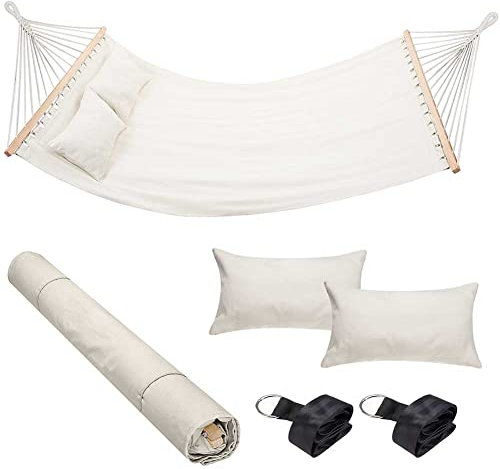 Bakaji Hängematte für den Garten, Doppelbett, 2 Sitzer, 232 x 148 cm, transparente Stangen aus Holz, Bezug aus Baumwolle mit 2 Kissen und Gurten, modernes Design, für Garten, Terrasse, Camping (Beige)