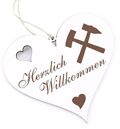 Herzlich Willkommen Schild - Bergbau Bergmann Zeichen - Deko Herz Holz Willkommensschild Türschild Dekoschild Türdeko