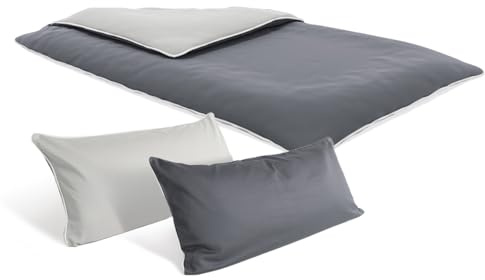 bett1 Soft Breeze Satin Bettwäsche (Silber & Anthrazit, zweifarbig, wendbar, luftig leicht, Sommerbettwäsche, waschbar bis 60° C, atmungsaktiv, 100% Baumwolle) (200x220 cm | 2x40x80 cm)
