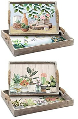 DKD Home Decor Juego de bandejas de la Marca, Color Verde y Beige, de Madera MDF (40 x 30 x 6 centímetros) (2 Unidades)