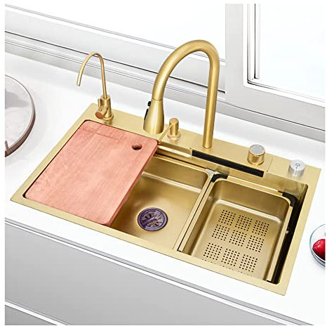 Fregaderos Blanco Modernos para Cocina 1 Seno Kitchen Sink Fregadero de Cascada, con arandela de copa de vidrio, combinación de grifo extraíble de lluvia voladora de carga superior multifuncional ( Co