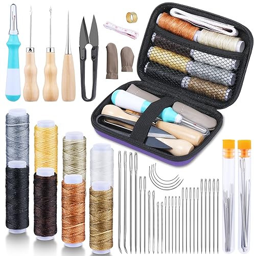 JUAYING 47 Pcs Leather Sewing Kit, Leather Upholstery Repair Kit, Hand Sewing Needles with Big Eye, Sewing Thread, for DIY Beginners, Leather Craft Sewing Tools