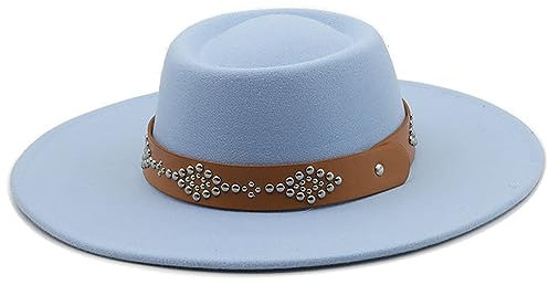 Chapeau classique à large bord 9,5 cm pour église Derby - Chapeau Fedoras en feutre de laine solide, bleu ciel, 6 7/8/7 1/8