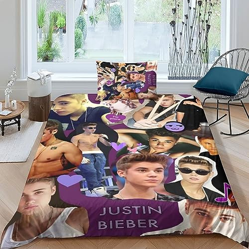 Justin Bieber Bettwäschegarnitur Bettbezug Set Für Kinder Mädchen Jungen 3D Gedruckter Bettwäsche Reissverschluss Und Kissenbezüge Weich Microfaser 2 teilig Single（135x200cm）