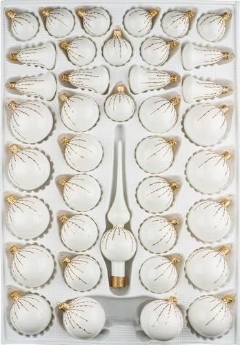 Navidacio 39 TLG. Glas-Weihnachtskugeln Set in Hochglanz Weiss Gold Regen - Edle Neuheit - Christbaumkugeln - Weihnachtsschmuck - Christbaumschmuck