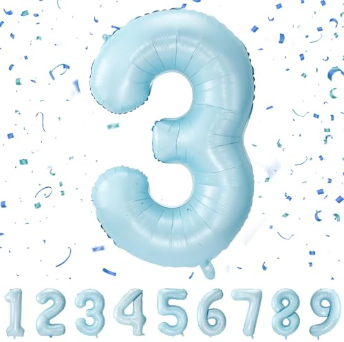 Geburtstag zahlen luftballon 3 jahre | Folienballon Kindergeburtstag Deko 3 XXL Pastel Blau-Riesen Folienballon in 40 - 101cm Geburtstagsdeko - Ballon Zahl Deko zum Geburtstag QBlue3