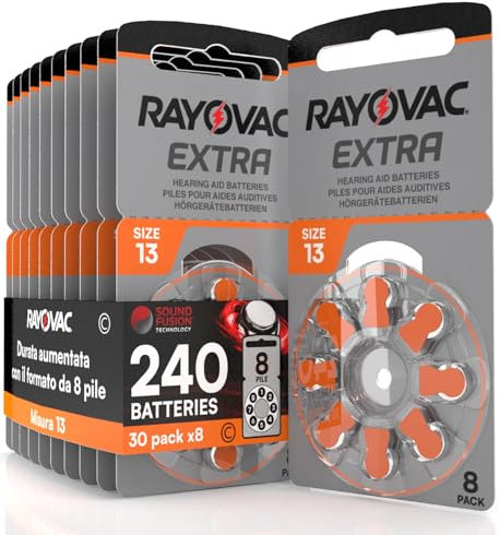240 Piles pour appareils auditifs Rayovac Extra 13. - 30 Ampoules de 8 Piles