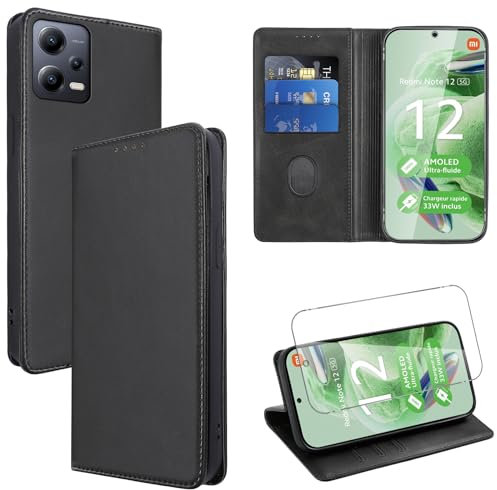 Vauki Coque Cuir pour Xiaomi Redmi Note 12 5G/Xiaomi Poco X5 5G 6.67 avec 1 Verre Trempé Etui à Rabat en PU Porte-Cartes Portefeuille Support Flip Housse Magnétique Antichoc Anti-Rayures Case,Noir