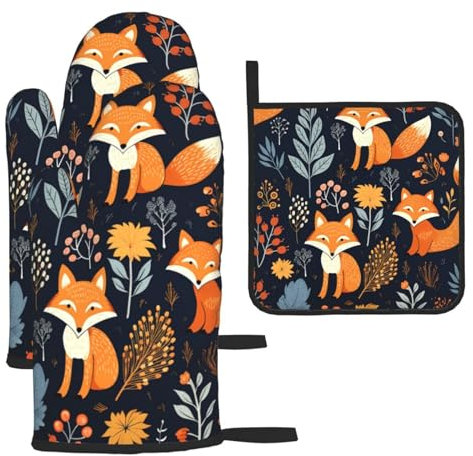 Forest Fox Animal Leaves Printed Oven Mitts And Pot Holders Sets Oven Mitts Heat Resistant Oven Gloves For Cooking Baking Kitchen BBQ
